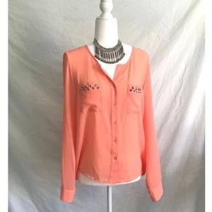 Peach Long Sleeve Shirt with Studded Pockets
